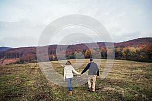 Senior couple walking in an autumn nature, holding hands.