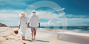 Senior couple walking on the beach on at sunny day, plan life insurance with the concept of happy retirement