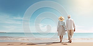 Senior couple walking on the beach on at sunny day, plan life insurance with the concept of happy retirement