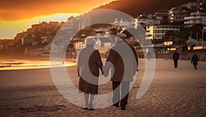 Senior couple walking on the beach at sunset generated by AI