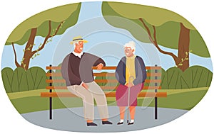 Senior couple walking in city park and sitting on bench. Elderly people in love outdoor recreation