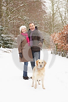 Senior Couple Walking Dog Through Snowy Woodland