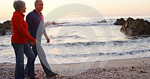 Senior couple walking hand in hand in the beach 4k