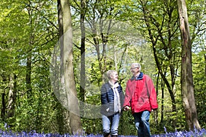 Senior Couple Walking Hand In Hand Through Bluebell Wood