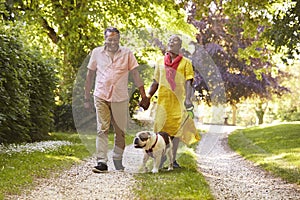 Senior Couple Walking With Pet Bulldog In Countryside photo