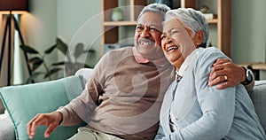 Senior, couple and watching tv in home to relax with happiness on vacation or holiday in retirement. Elderly, man and