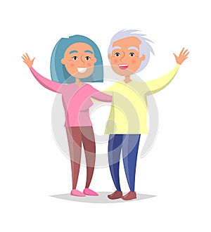 Senior Couple Wave Hands Vector Illustration Isolated