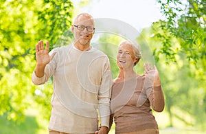 Senior couple waving hands over natural background