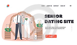 Senior Dating Site Landing Page Template. Old Newlywed Characters Wedding Ceremony. Happy Bridal Couple Man and Woman