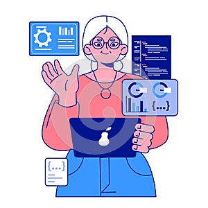 Senior developer. Old woman programming and coding. Developing