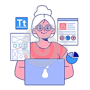 Senior developer. Old woman programming and coding. Developing