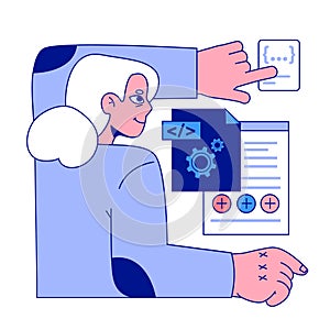 Senior developer. Old woman programming and coding. Developing