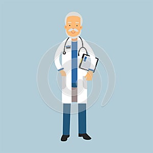 Senior doctor character in uniform standing with stethoscope and medical notepad with prescription, medical care Illustrati