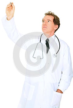 Senior Doctor Writing On Air Isolated