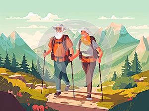 senior elderly grandfather old active happy walking couple hiking trekking. Generative AI.