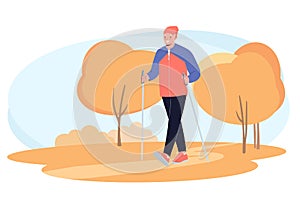 Senior elderly man training Nordic walking with ski trekking poles in autumn forest. Active rest outdoors