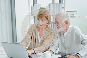 The senior elderly people work from home sitting and working in laptop