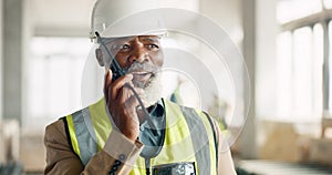 Senior engineer, walkie talkie and black man at construction site talking, speaking or working. Communication, radio