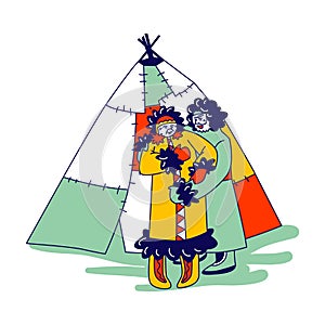 Senior Eskimos Family Characters in Traditional Warm Clothing Stand front their Yurt. Inuit Minorities Esquimau