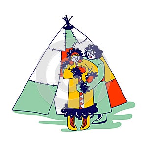 Senior Eskimos Family Characters in Traditional Warm Clothing Stand front their Yurt. Inuit Minorities Esquimau photo