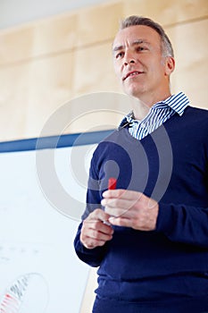 Senior executive giving presentation. Senior man standing next to drawing board.