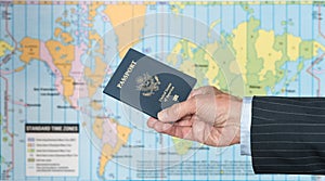 USA Citizen with passport and world map of timezones