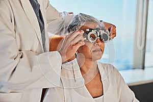 Senior eye exam, optometrist and medical eyes test of elderly woman at doctor consultation. Vision, healthcare focus and