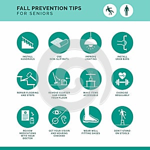 Senior fall prevention tips icons set