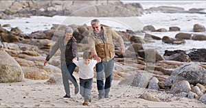 Senior family on beach with kid and ocean sand for outdoor support, wellness and child development. Excited walking
