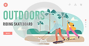 Senior Family Characters Skateboard Activity Landing Page Template. Aged Man, Woman and Dog Active Lifestyle, Vacation