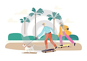 Senior Family Characters Skateboard Summertime Activity. Old Man, Woman and Dog Healthy Active Lifestyle, Vacation Relax