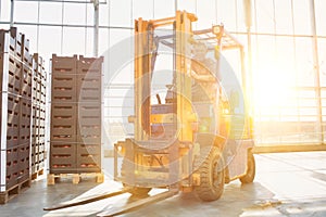 Senior farmer driving forklift in greenhouse with yellow lens flare in background