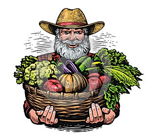 Senior farmer holding basket with vegetables with garden. Organic farm food vector illustration
