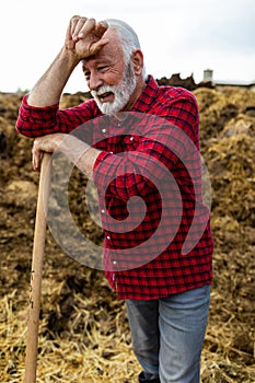 Senior farmer resting after cleaning barn from dung