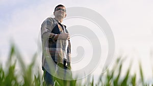 Senior farmer walking in his wheat field