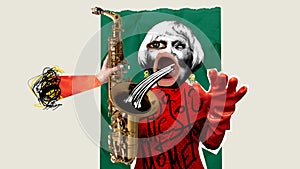 Senior fashionable woman playing saxophone. Classical music lover. Contemporary art collage.