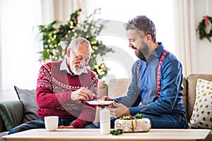 A senior father and adult son sitting on a sofa at Christmas time, eating biscuits.