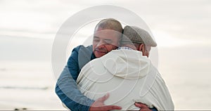 Senior father, man and hug at beach with love, care and bonding on vacation, holiday or travel outdoor at sunset