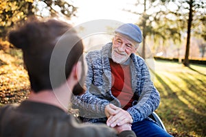 Senior father with wheelchair and his son on walk in nature, talking.