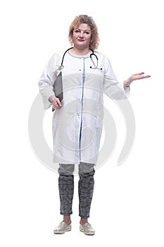 senior female doctor with clipboard. isolated on a white