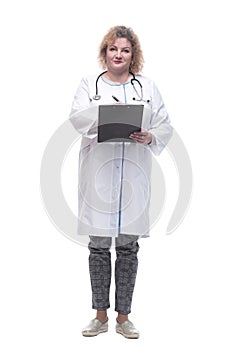 senior female doctor with clipboard. isolated on a white