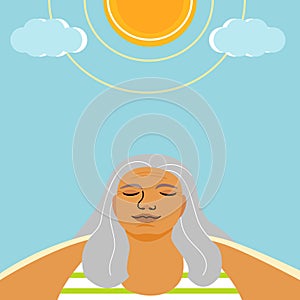 A senior female standing in the sunlight and clear sky, aging youthfully concept. flat vector illustration