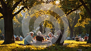 Senior friends enjoying a picnic in a sunny park