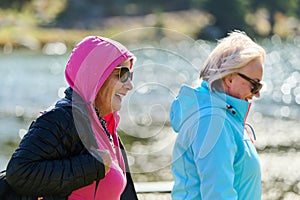 Senior friends enjoys a leisurely stroll in nature, immersed in joyous conversation, surrounded by the serenity of the photo