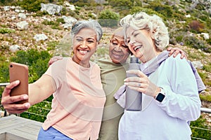 Senior friends, fitness or selfie of women on social media together for outdoor exercise in retirement. Photo, diversity