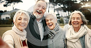 Senior friends, group selfie and park with smile, face and excited together with hug, care and outdoor. Elderly man