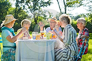 Senior friends having picnick with coffee and cake outdoors in sunshine