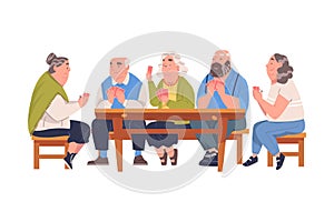 Senior Friends Playing Cards Game Sitting on Chair at Table Vector Illustration