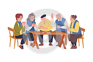 Senior Friends Playing Cards Game Sitting on Chair at Table Vector Illustration