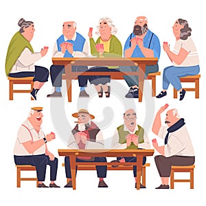 Senior Friends Playing Cards Game Sitting on Chair at Table Vector Set